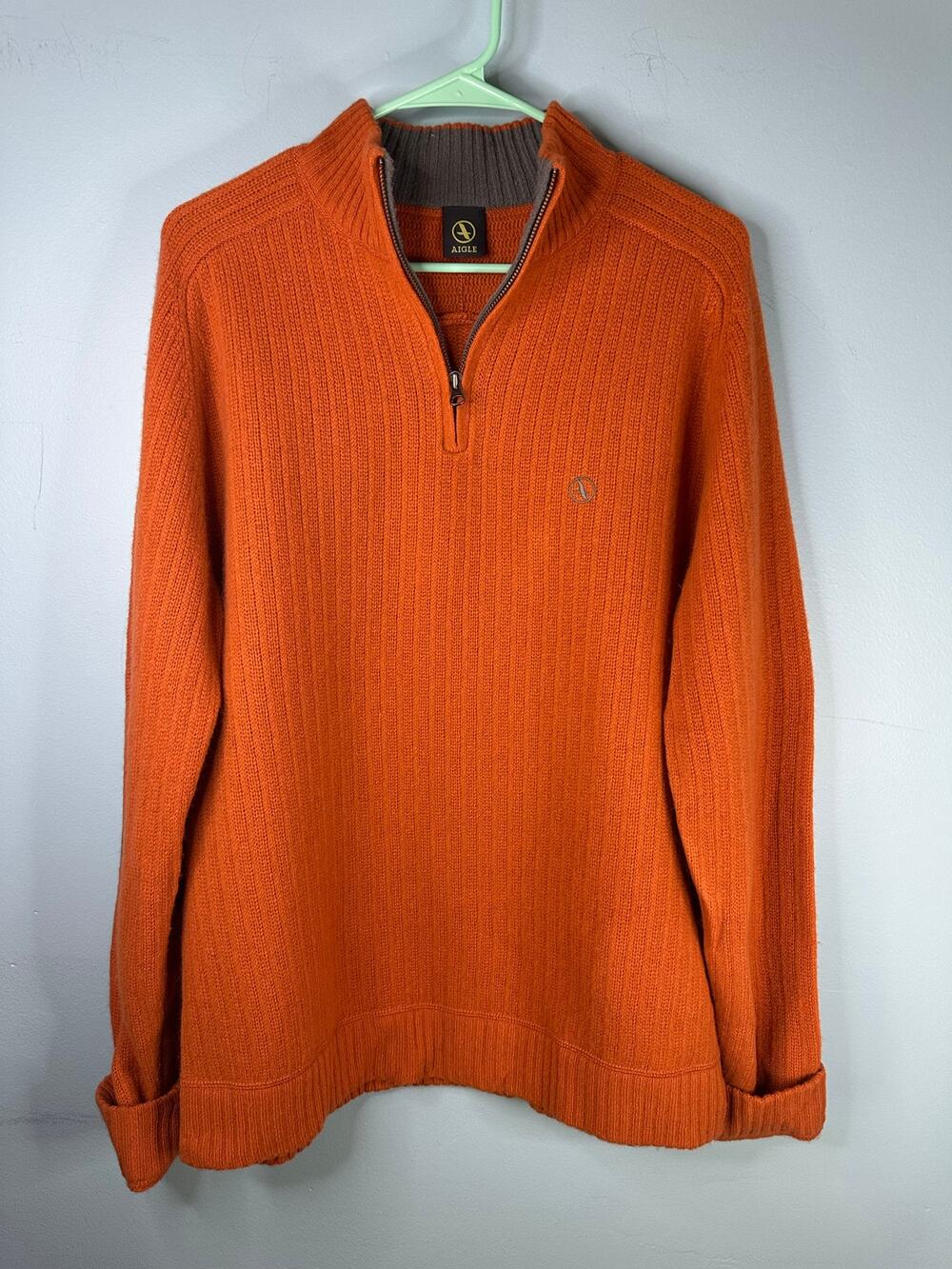 Aigle orange ribbed-knit quarter-zip sweater patches on elbows 100% lambswool XL